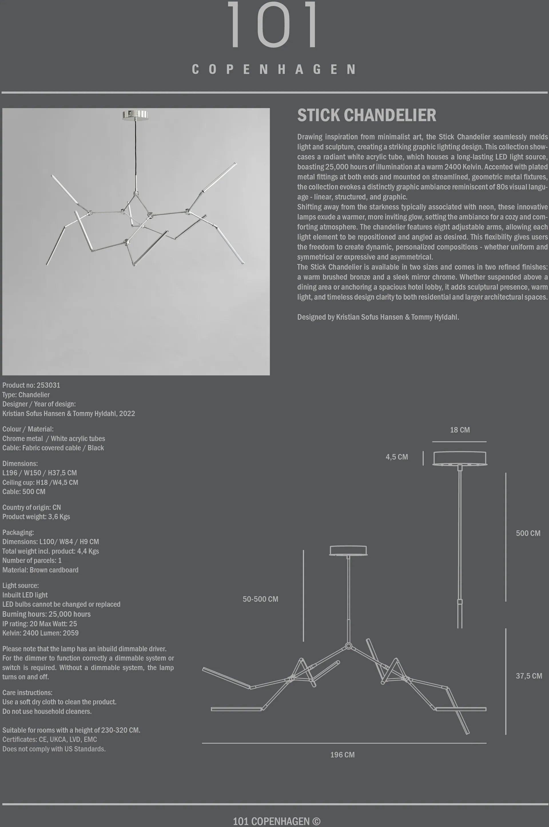 스틱 샹들리에 펜던트 조명, Chrome 101 Copenhagen | 101 코펜하겐