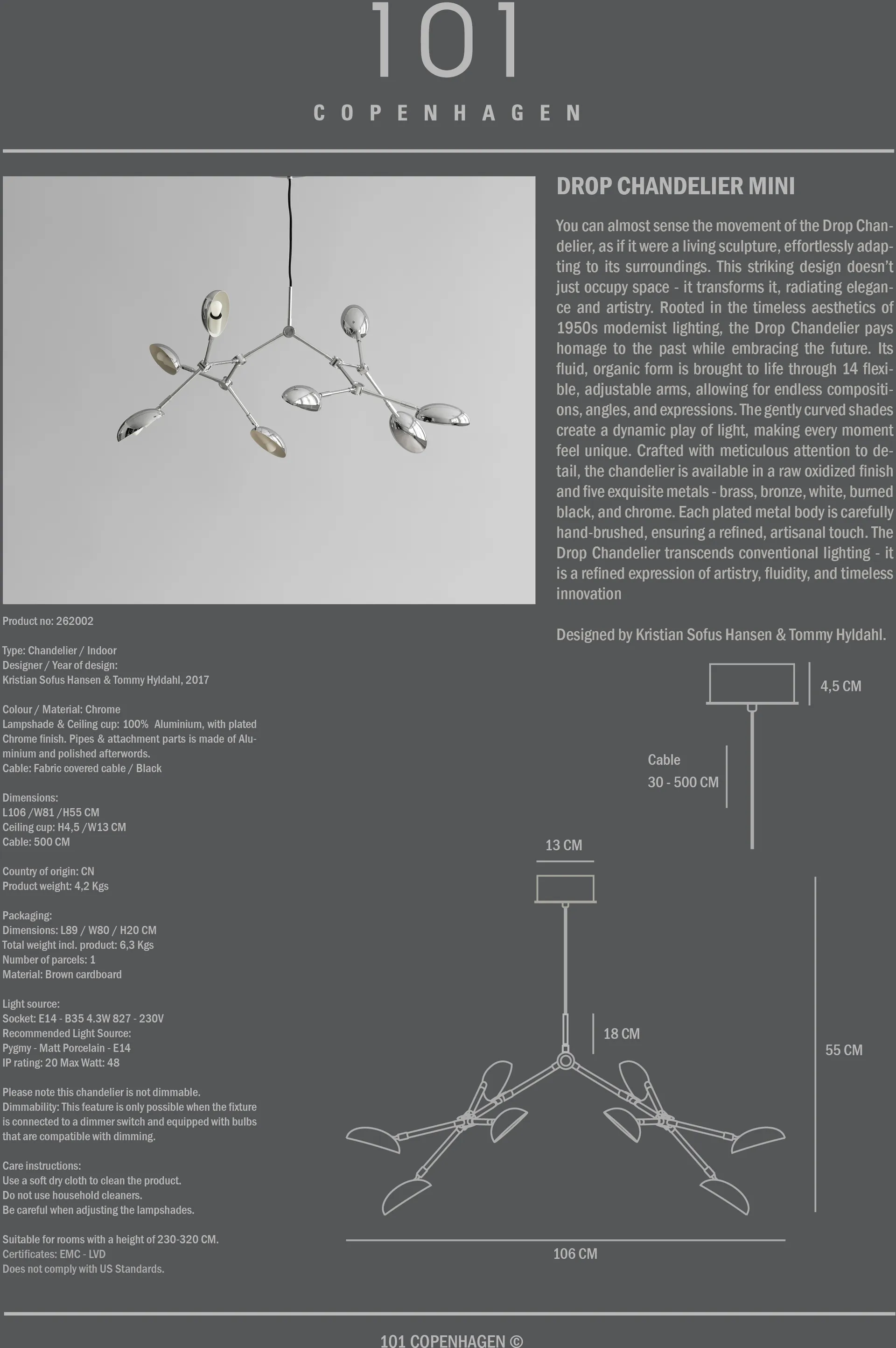 드롭 샹들리에 펜던트 조명 미니, Chrome 101 Copenhagen | 101 코펜하겐