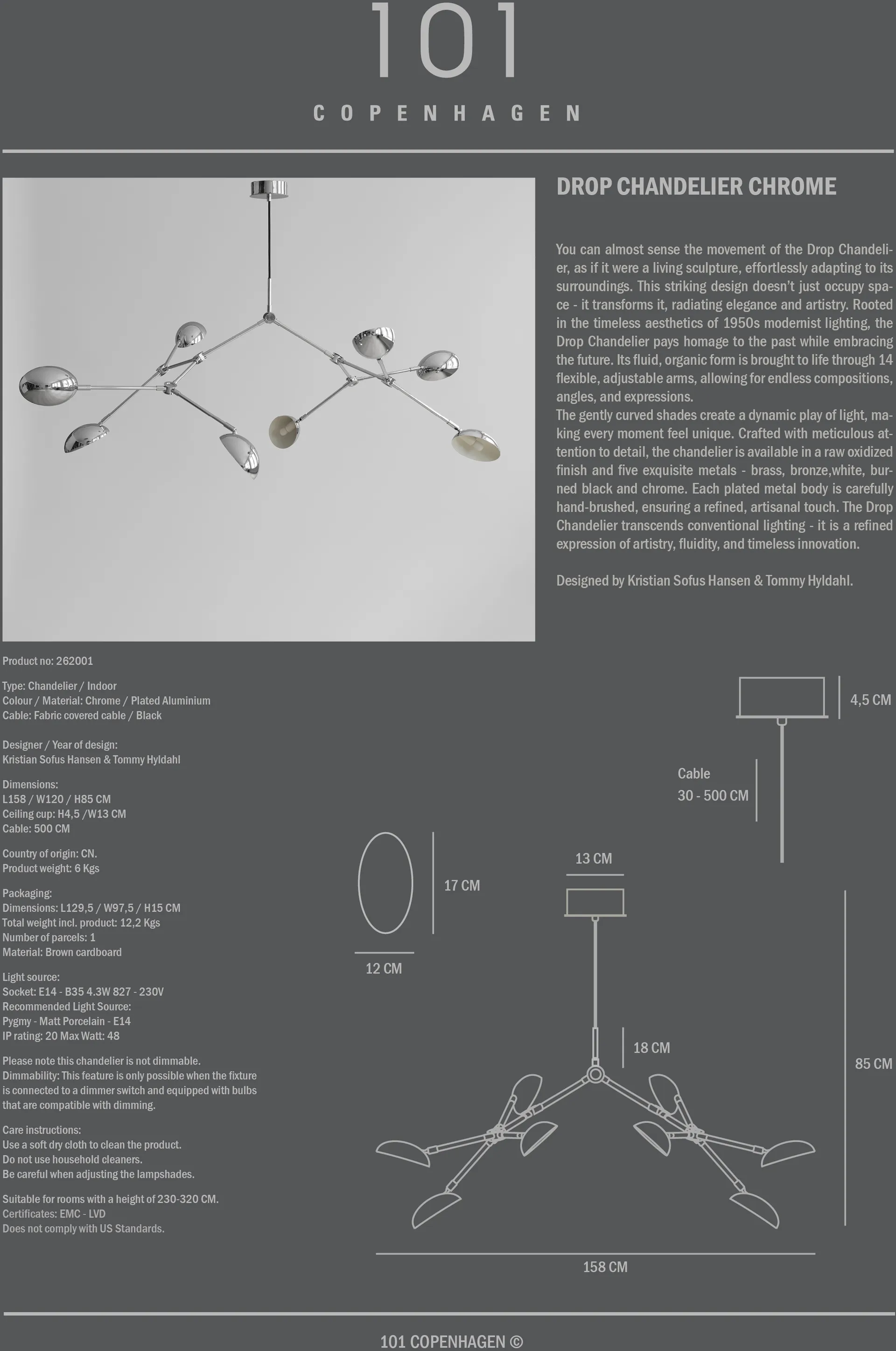 드롭 샹들리에 펜던트 조명, Chrome 101 Copenhagen | 101 코펜하겐