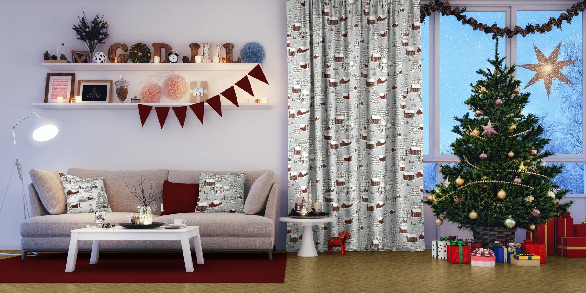 Timmerbyn 패브릭, grey-red Arvidssons Textil | 아르빗손 텍스타일