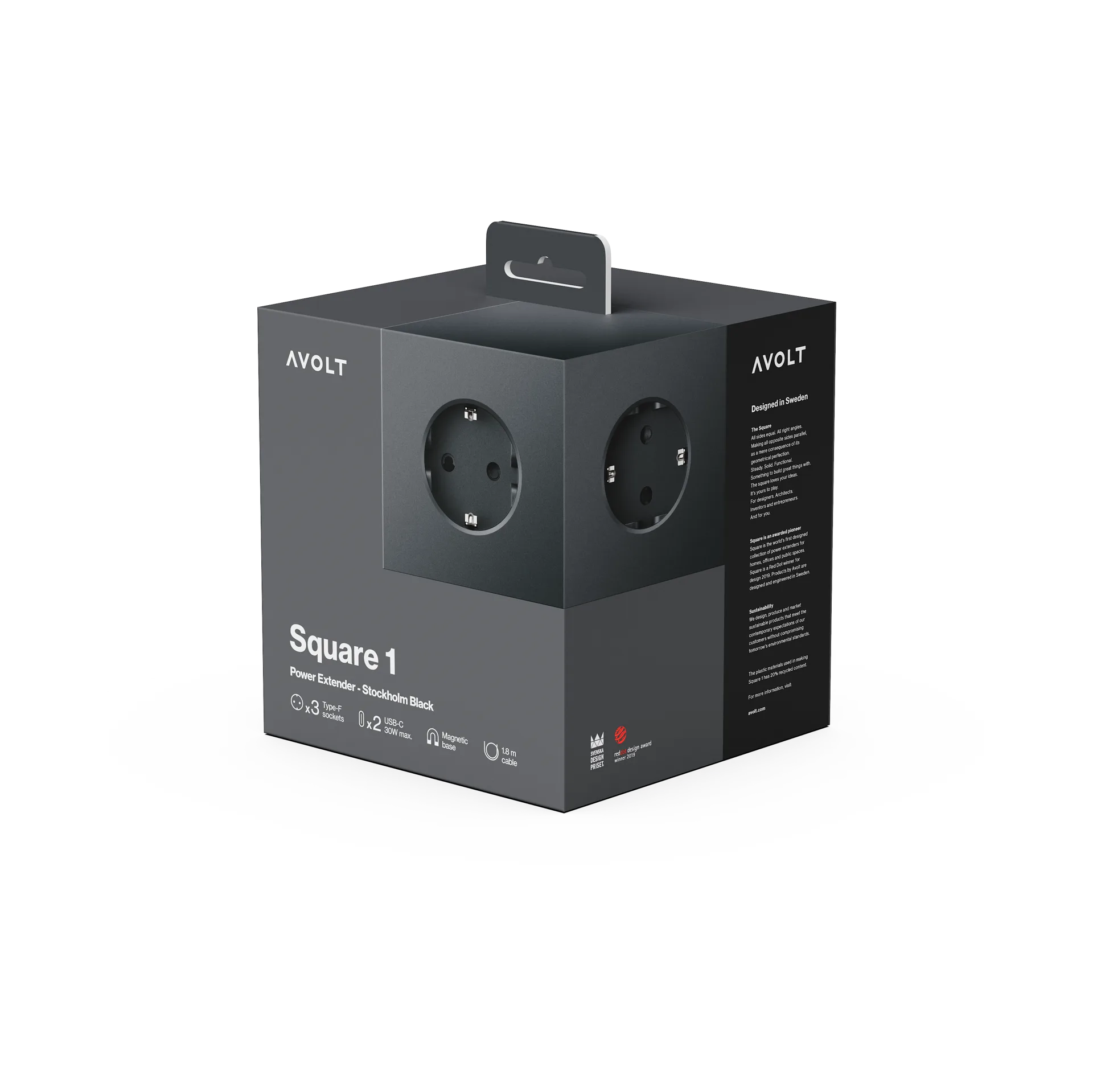 스퀘어 1 파워 스트립 USB-C 30W 3 m, Stockholm Black Avolt | 아볼트