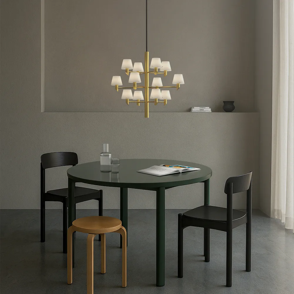 길 크라운 12 샹들리에 펜던트 조명, Satin brass-opal glass Herstal | 허스탈