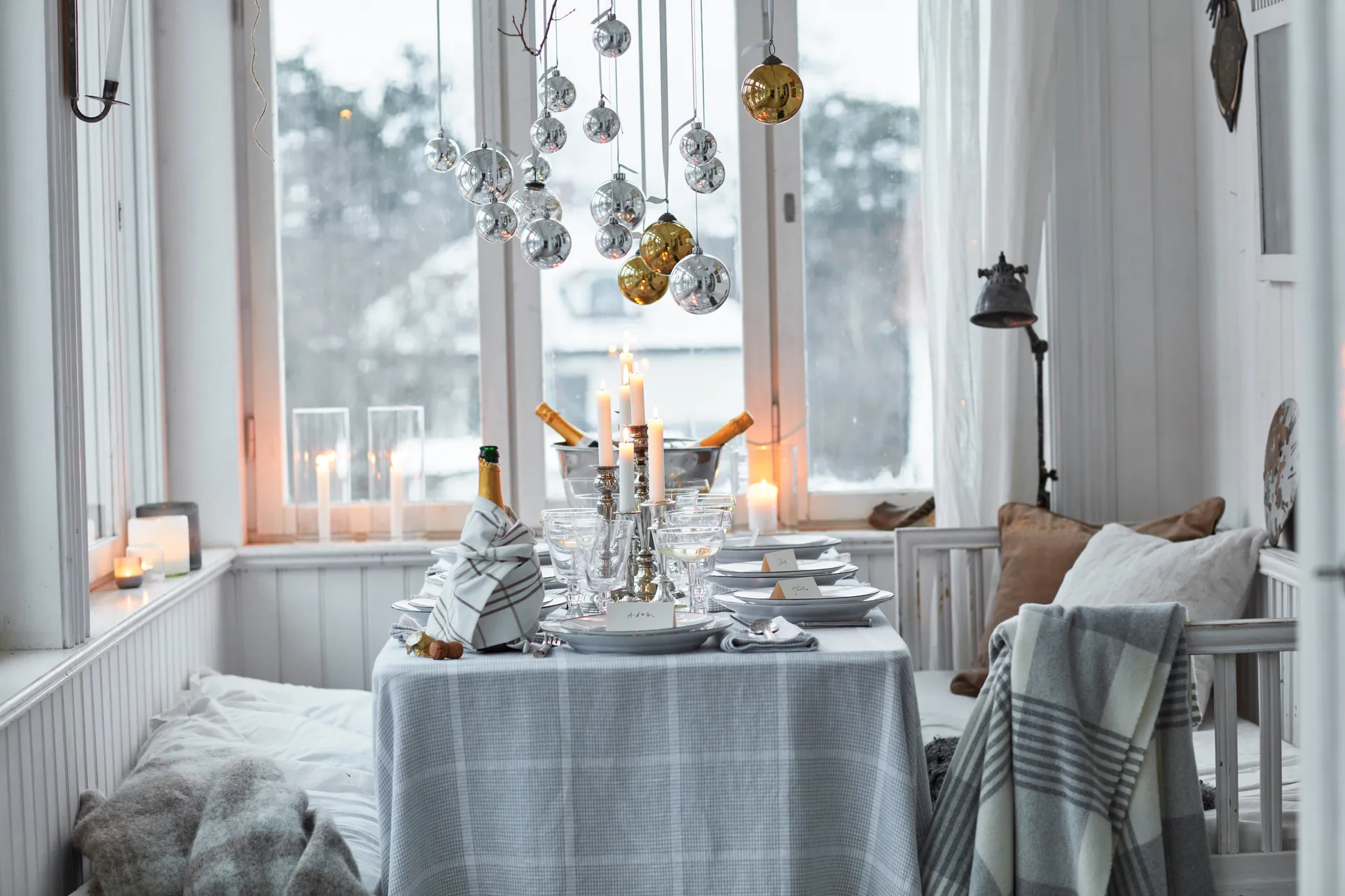 Pepita 체크 코튼 리넨 테이블클로스 150x350 cm, White-light grey Lexington | 렉싱턴