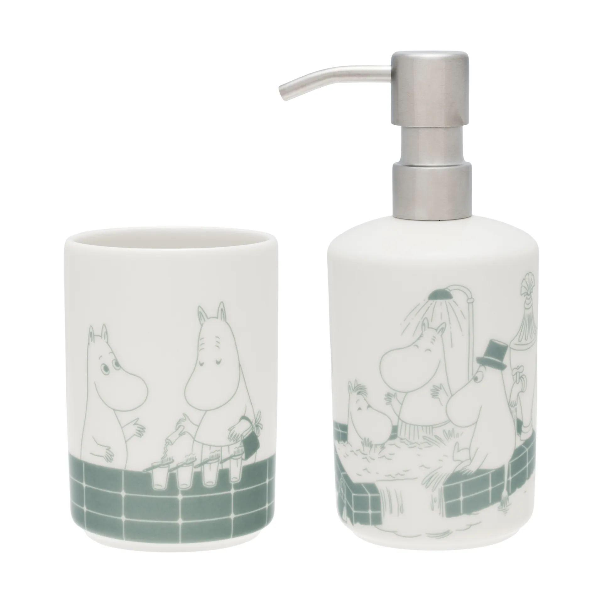 무민 비누 디스펜서 & 칫솔 거치대 세트, Bath time green-white Moomin Arabia