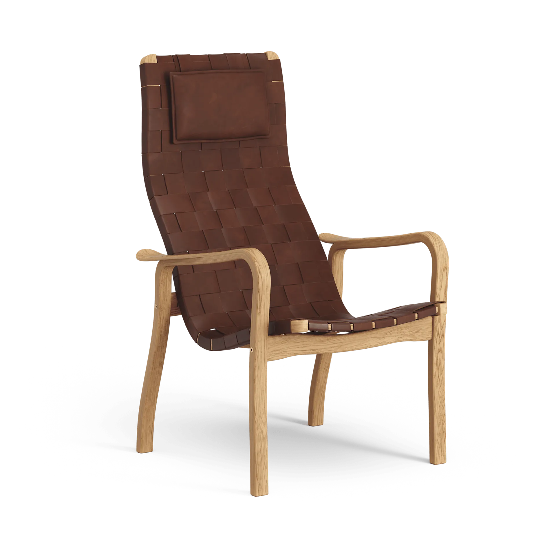 프리모 암체어 하이 & 넥 쿠션 오일드 오크, 벨트 가죽 브라운 레드 Swedese | 스웨데제