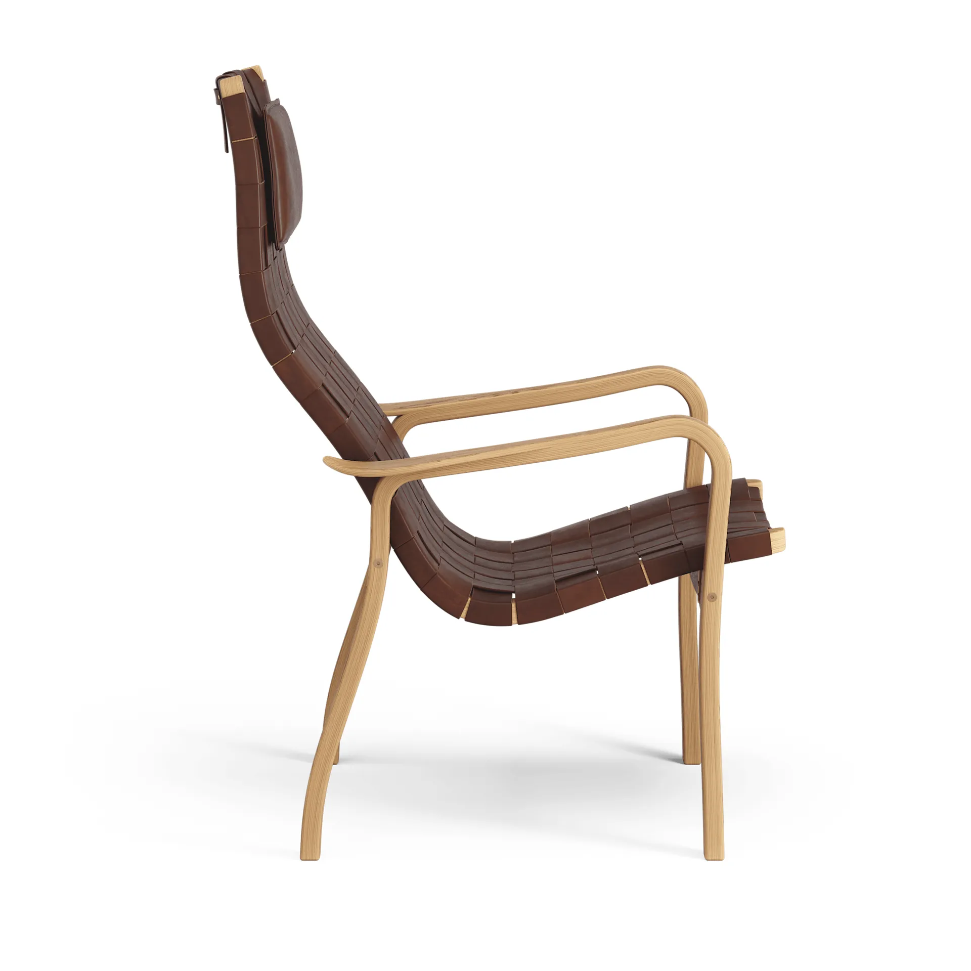 프리모 암체어 하이 & 넥 쿠션 오일드 오크, 벨트 가죽 브라운 레드 Swedese | 스웨데제